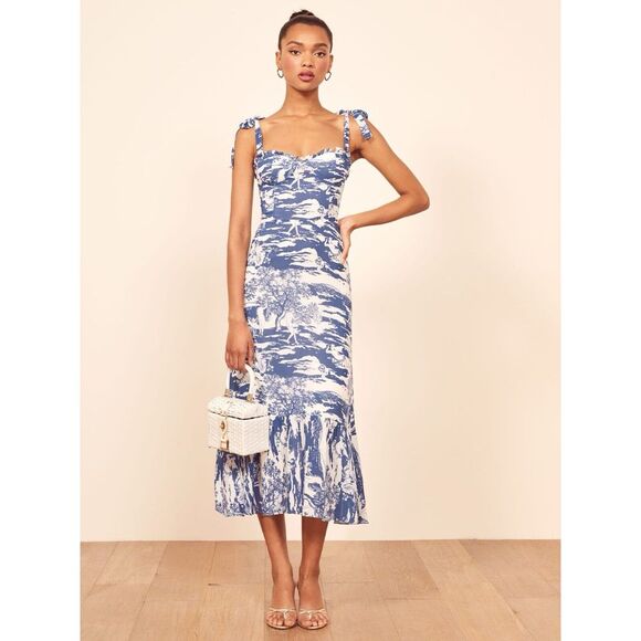 Reformation Nikita Pompadour Blue White Floral Long Dress Ruffles Sz 2 Excellent - Picture 1 of 12
